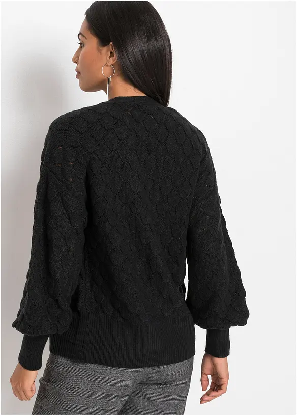 Ajour-Strickjacke mit Pufferärmel in schwarz von hinten (im Anschnitt) - bonprix Ajour-Strickjacke mit Pufferärmel in schwarz von hinten (im Anschnitt) - bonprix