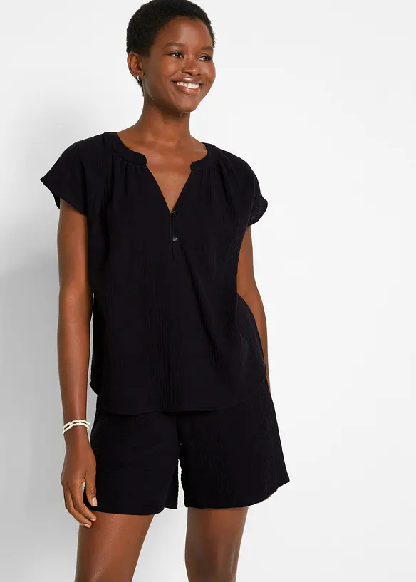 Musselin-Blusentop aus reiner Baumwolle in schwarz von vorne (im Anschnitt) - bonprix Musselin-Blusentop aus reiner Baumwolle in schwarz von vorne (im Anschnitt) - bonprix
