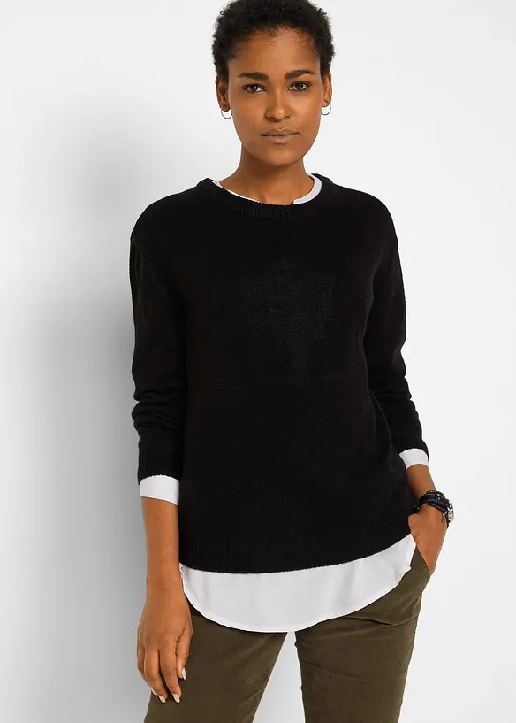 Strick-Pullover mit Rundhals-Ausschnitt in schwarz von vorne (im Anschnitt) - bonprix Strick-Pullover mit Rundhals-Ausschnitt in schwarz von vorne (im Anschnitt) - bonprix