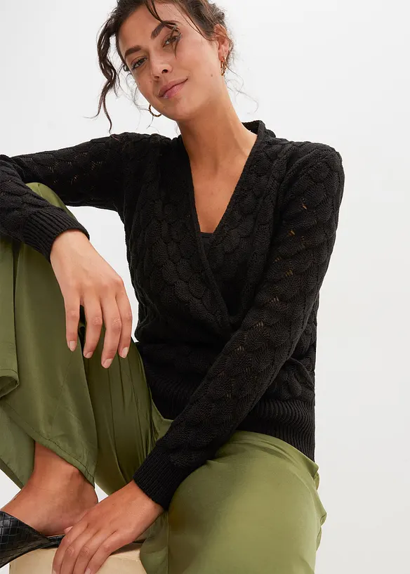 Ajour-Pullover in Wickeloptik in schwarz von vorne (im Anschnitt) - bonprix Ajour-Pullover in Wickeloptik in schwarz von vorne (im Anschnitt) - bonprix