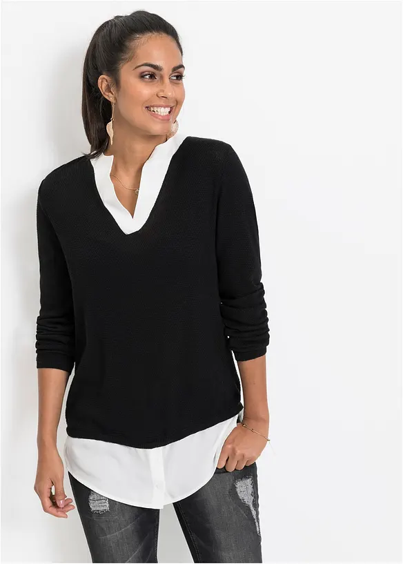 Feinstrickpullover mit Bluseneinsatz in schwarz von vorne (im Anschnitt) - bonprix
