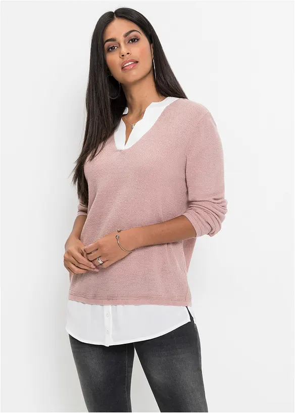 Feinstrickpullover mit Bluseneinsatz in rosa von vorne (im Anschnitt) - bonprix