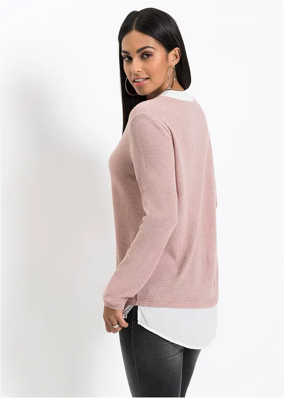 Feinstrickpullover mit Bluseneinsatz in rosa von hinten (im Anschnitt) - bonprix