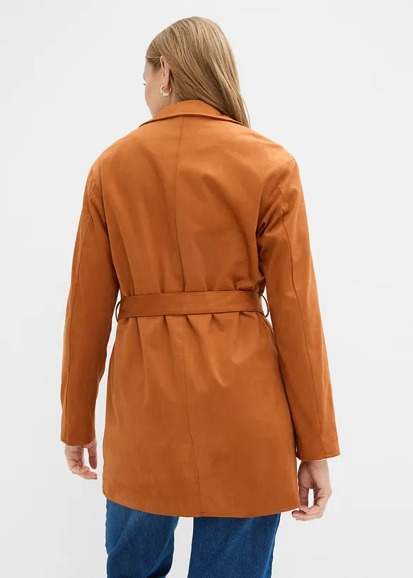 Velourslederimitat-Kurzmantel mit Gürtel in braun von hinten (Totalaufnahme) - bonprix