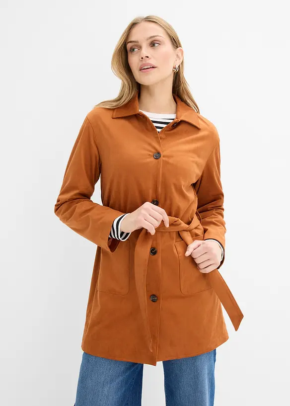 Velourslederimitat-Kurzmantel mit Gürtel in braun von vorne (Totalaufnahme) - bonprix