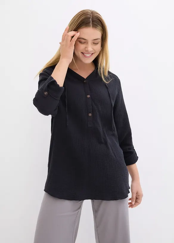 Musselin-Schlupfbluse aus reiner Baumwolle in schwarz von vorne (im Anschnitt) - bonprix Musselin-Schlupfbluse aus reiner Baumwolle in schwarz von vorne (im Anschnitt) - bonprix