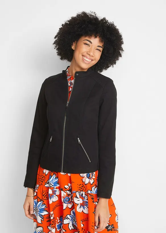 Jacke aus Baumwoll-Twill mit seitlichen Stretcheinsätzen in schwarz von vorne (im Anschnitt) - bonprix Jacke aus Baumwoll-Twill mit seitlichen Stretcheinsätzen in schwarz von vorne (im Anschnitt) - bonprix