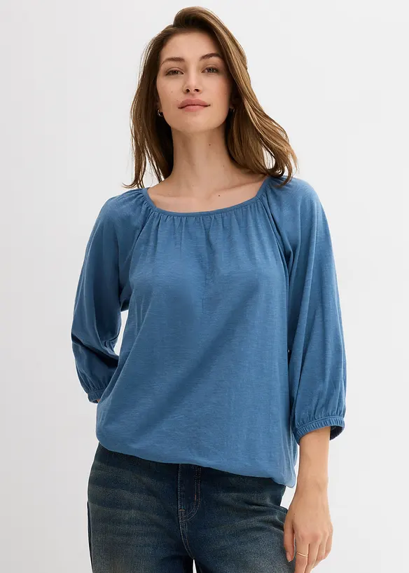 Shirtbluse aus reiner Bio-Baumwolle in blau von vorne (im Anschnitt) - bonprix