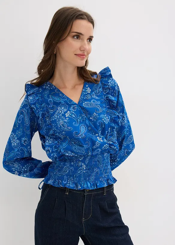 Bluse mit Volants und Smok in blau von vorne (im Anschnitt) - bonprix