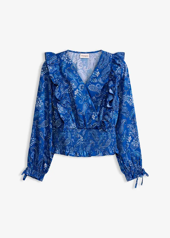 Bluse mit Volants und Smok in blau von vorne - bonprix