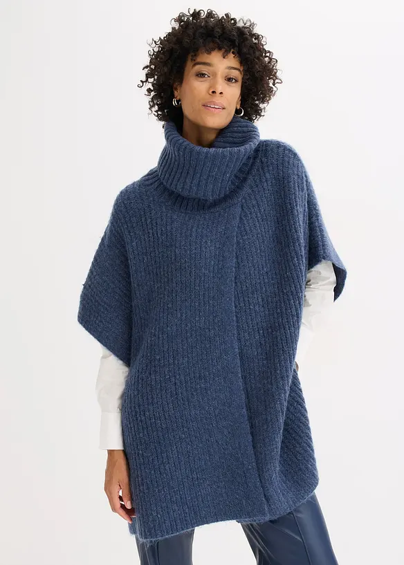 Poncho-Pullover aus weichem Woll-Mix in blau von vorne (im Anschnitt) - bonprix Poncho-Pullover aus weichem Woll-Mix in blau von vorne (im Anschnitt) - bonprix