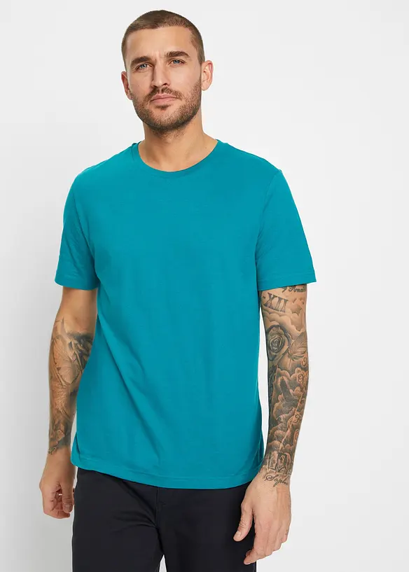 T-Shirt aus reiner Baumwolle (2er Pack) in petrol von vorne (im Anschnitt) - bonprix