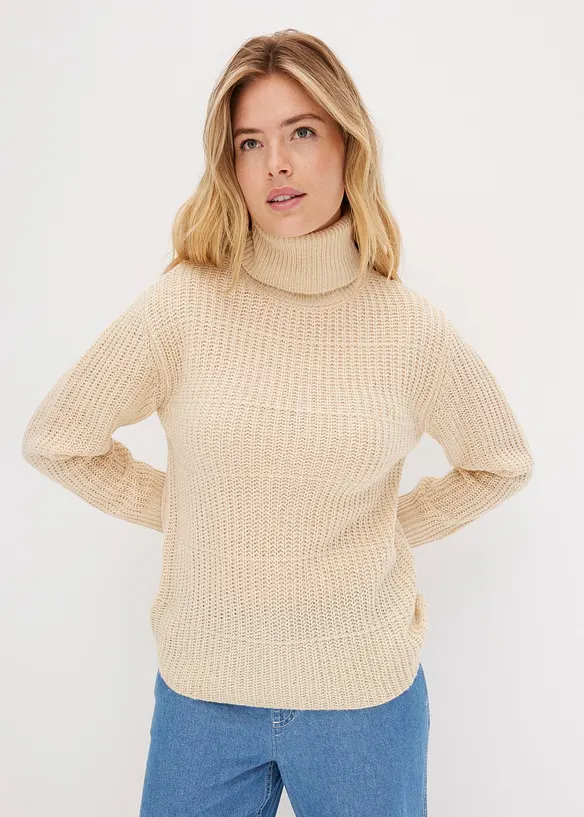 Strickpullover mit Rollkragen in beige von vorne (im Anschnitt) - bonprix Strickpullover mit Rollkragen in beige von vorne (im Anschnitt) - bonprix
