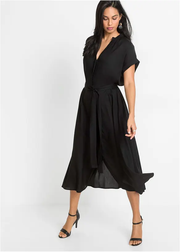 Hemdblusenkleid aus fließender Viskose in schwarz von vorne (Totalaufnahme) - bonprix