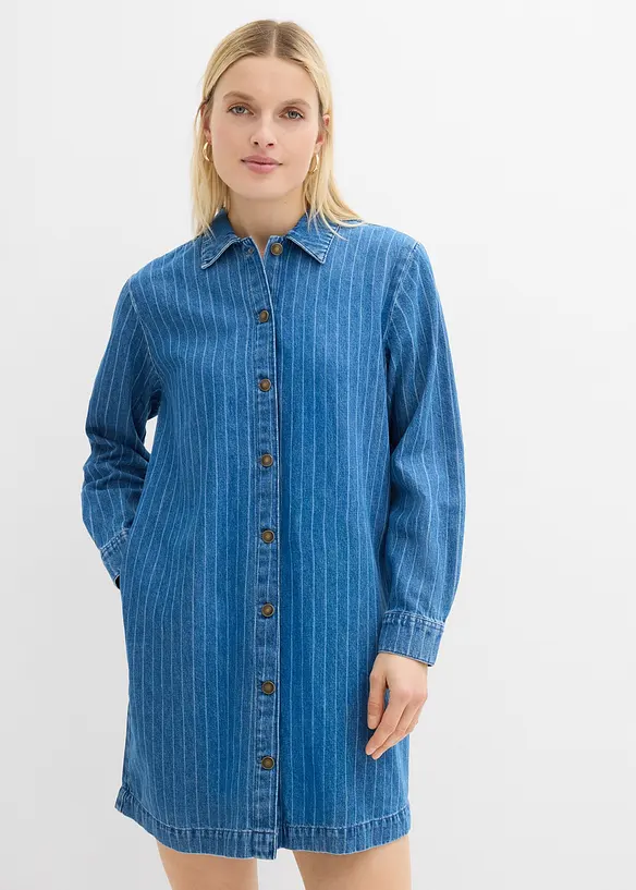 Jeanskleid Langarm mit Streifen, Baumwolle in blau von vorne (Totalaufnahme) - bonprix Jeanskleid Langarm mit Streifen, Baumwolle in blau von vorne (Totalaufnahme) - bonprix