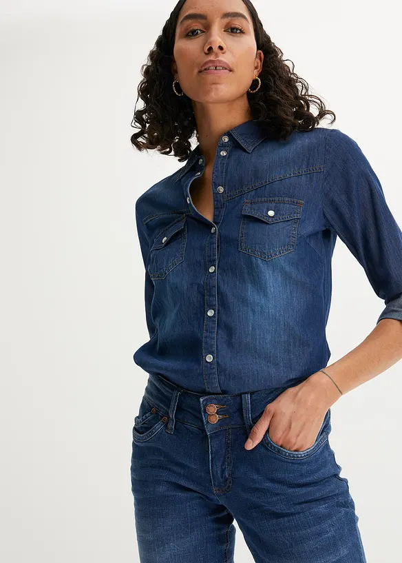 Jeansbluse aus reiner Bio-Baumwolle in blau von vorne (im Anschnitt) - bonprix
