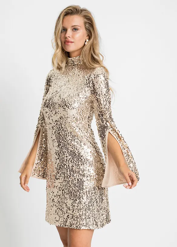 Paillettenkleid mit Trompeten-Ärmel in gold von vorne (Totalaufnahme) - bonprix Paillettenkleid mit Trompeten-Ärmel in gold von vorne (Totalaufnahme) - bonprix