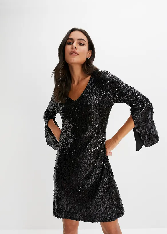 Paillettenkleid mit Trompeten-Ärmel in schwarz von vorne (Totalaufnahme) - bonprix Paillettenkleid mit Trompeten-Ärmel in schwarz von vorne (Totalaufnahme) - bonprix