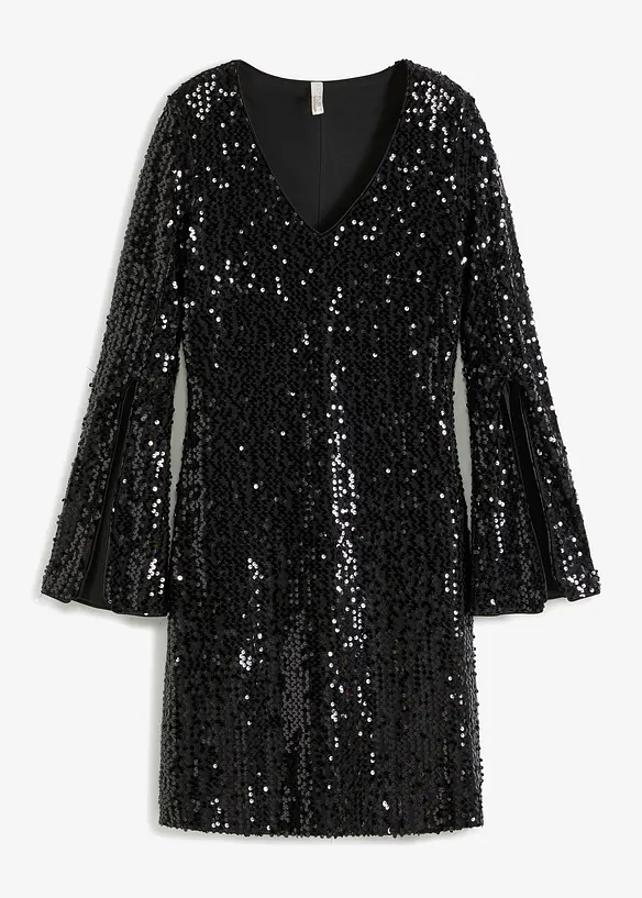 Paillettenkleid mit Trompeten-Ärmel in schwarz von vorne - bonprix Paillettenkleid mit Trompeten-Ärmel in schwarz von vorne - bonprix
