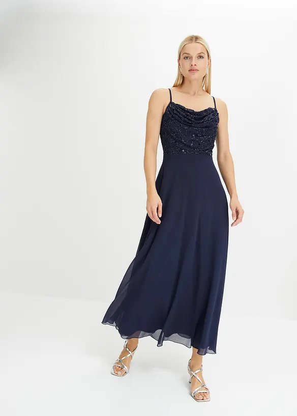 Trägerkleid mit Paillettenstickerei in blau von vorne (Totalaufnahme) - bonprix
