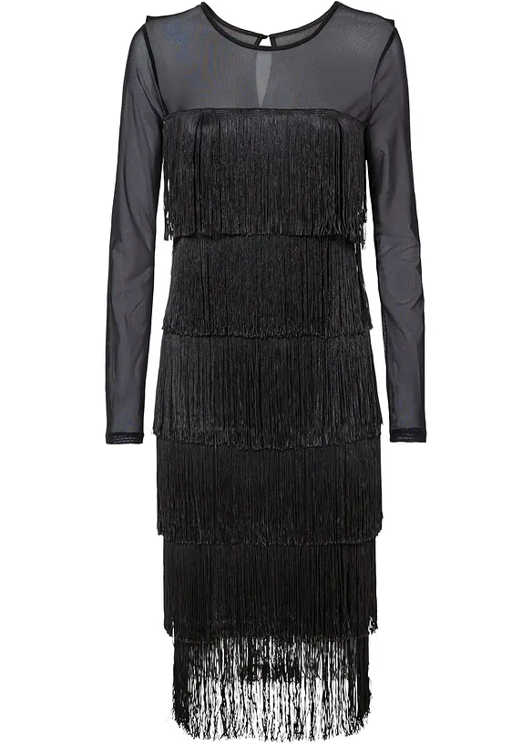Midikleid aus softem Mesh mit Fransen in schwarz von vorne - bonprix Midikleid aus softem Mesh mit Fransen in schwarz von vorne - bonprix