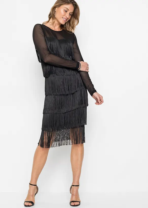 Midikleid aus softem Mesh mit Fransen in schwarz von vorne (Totalaufnahme) - bonprix Midikleid aus softem Mesh mit Fransen in schwarz von vorne (Totalaufnahme) - bonprix