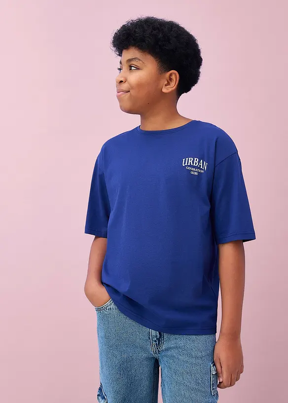 Oversize T-Shirt mit Rückenprint aus reiner Bio-Baumwolle in blau von vorne (im Anschnitt) - bonprix