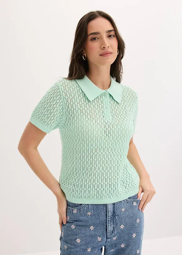 Ajour-Pullover aus reiner Baumwolle in grün von vorne (im Anschnitt) - bonprix Ajour-Pullover aus reiner Baumwolle in grün von vorne (im Anschnitt) - bonprix