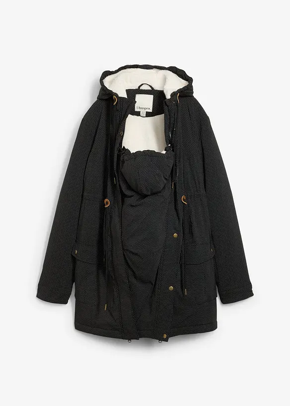 3-in-1 kuschelig gefütterte Umstands- und Tragejacke in schwarz von vorne - bonprix