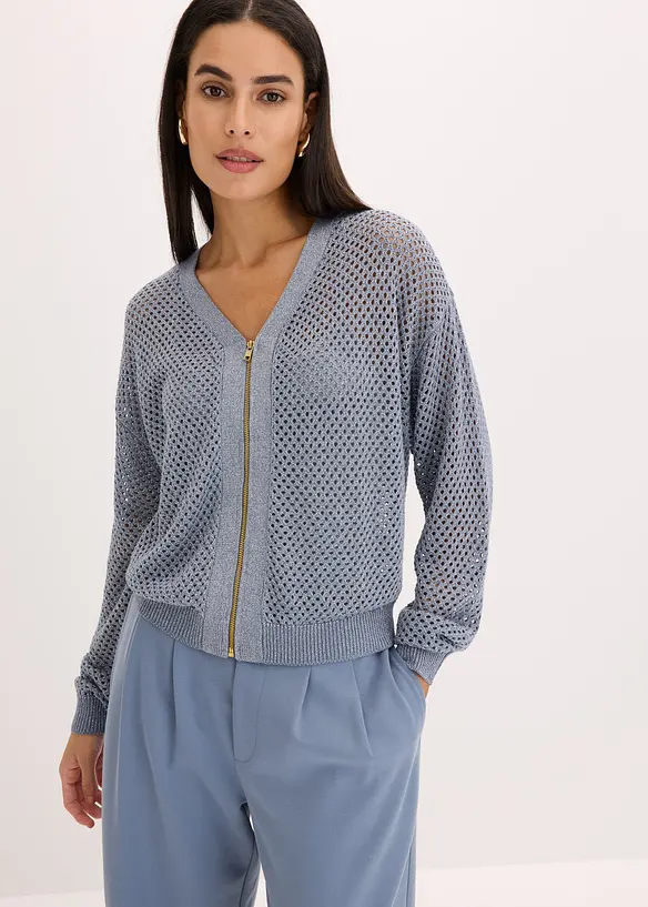 Ajour-Strickjacke mit Glitzereffekt in blau von vorne (im Anschnitt) - bonprix Ajour-Strickjacke mit Glitzereffekt in blau von vorne (im Anschnitt) - bonprix