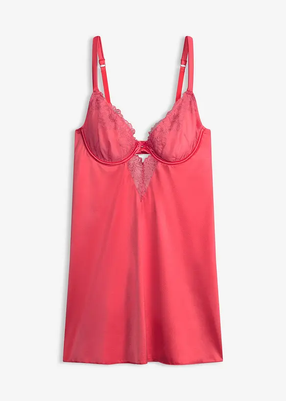 Babydoll aus glänzendem Material und floraler Glitzerstickerei in pink von vorne - bonprix