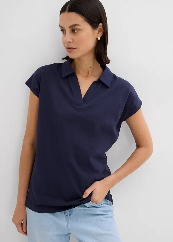 Poloshirt aus elastischem Baumwoll-Mix in blau von vorne (im Anschnitt) - bonprix Poloshirt aus elastischem Baumwoll-Mix in blau von vorne (im Anschnitt) - bonprix