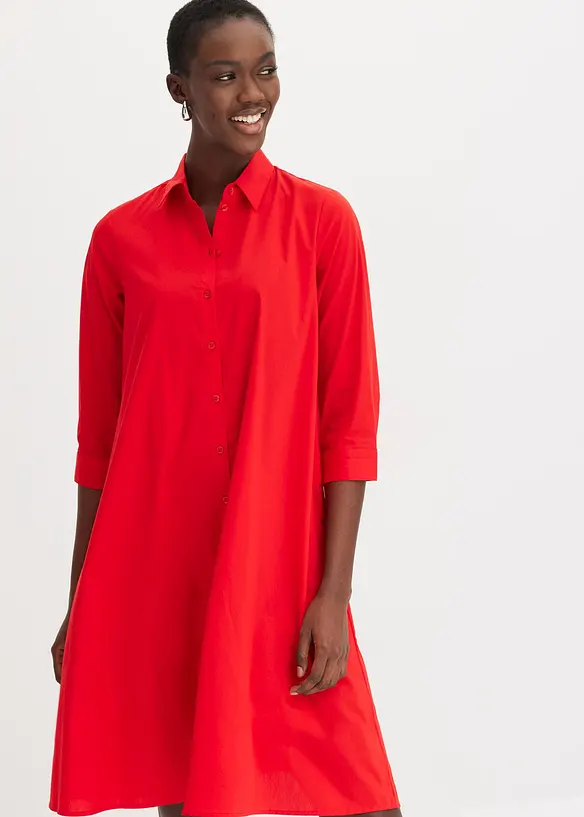 Hemdblusenkleid aus griffigem Popeline in rot von vorne (Totalaufnahme) - bonprix Hemdblusenkleid aus griffigem Popeline in rot von vorne (Totalaufnahme) - bonprix