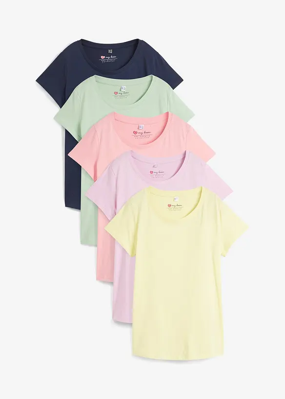 Rundhals-Shirt  (5erPack) in rosa von vorne - bonprix
