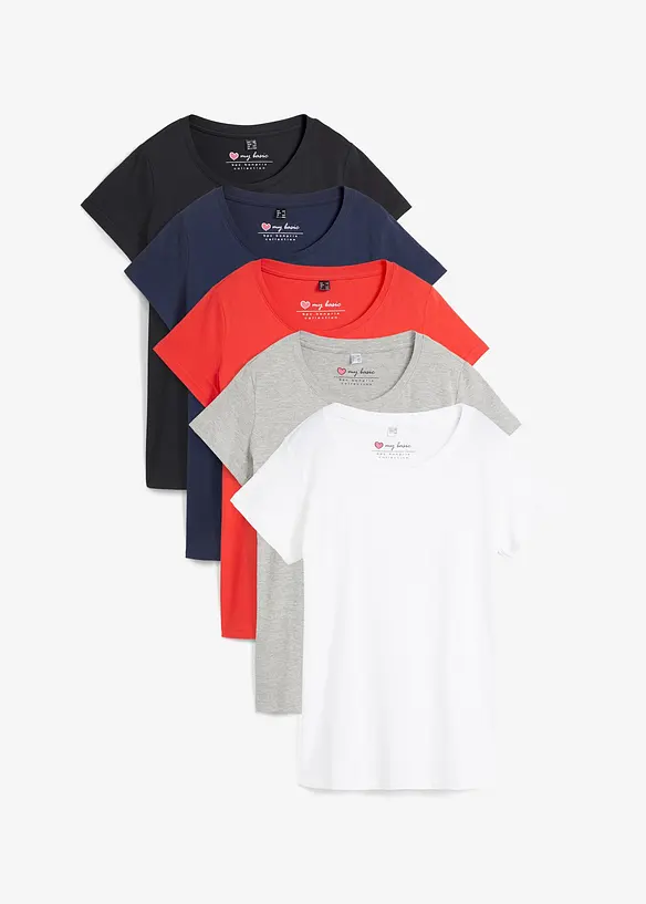 Rundhals-Shirt  (5erPack) in rot von vorne - bonprix