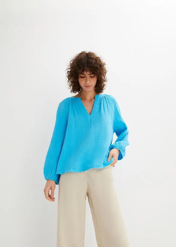 Musselin-Oversize-Bluse aus reiner Baumwolle in blau von vorne (im Anschnitt) - bonprix Musselin-Oversize-Bluse aus reiner Baumwolle in blau von vorne (im Anschnitt) - bonprix