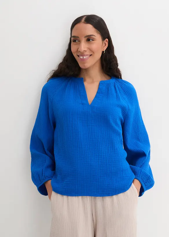 Musselin-Oversize-Bluse aus reiner Baumwolle in blau von vorne (im Anschnitt) - bonprix Musselin-Oversize-Bluse aus reiner Baumwolle in blau von vorne (im Anschnitt) - bonprix