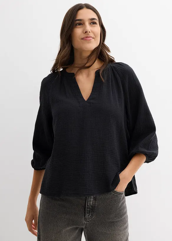 Musselin-Oversize-Bluse aus reiner Baumwolle in schwarz von vorne (im Anschnitt) - bonprix Musselin-Oversize-Bluse aus reiner Baumwolle in schwarz von vorne (im Anschnitt) - bonprix