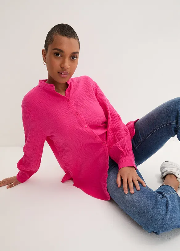 Musselin-Longbluse aus reiner Baumwolle in pink von vorne (im Anschnitt) - bonprix Musselin-Longbluse aus reiner Baumwolle in pink von vorne (im Anschnitt) - bonprix