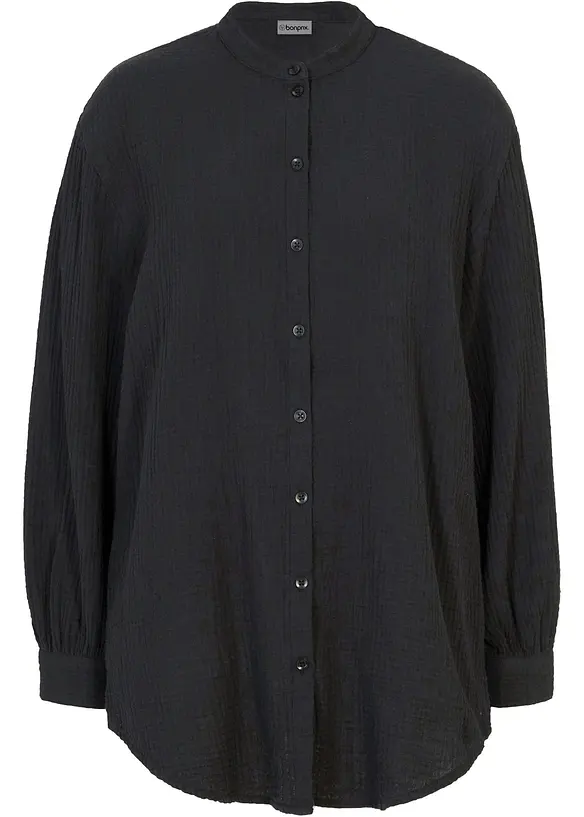 Musselin-Longbluse aus reiner Baumwolle in schwarz von vorne - bonprix