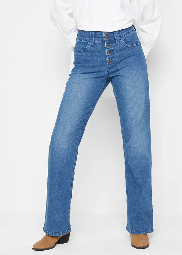 Straight-Jeans High Waist, Stretch in blau von vorne - bonprix Straight-Jeans High Waist, Stretch in blau von vorne - bonprix