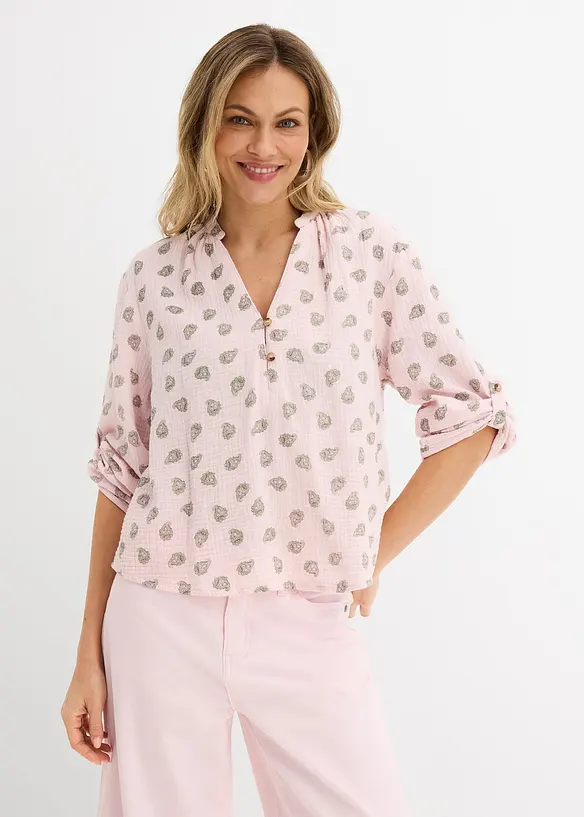 Musselin-Oversize-Bluse aus reiner Baumwolle in rosa von vorne (im Anschnitt) - bonprix