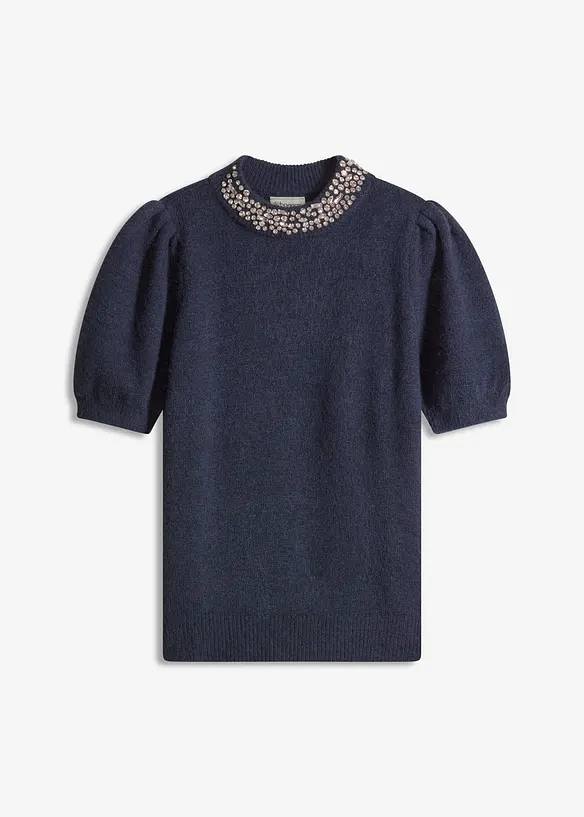 Pullover mit Strass-Applikation in blau von vorne - bonprix