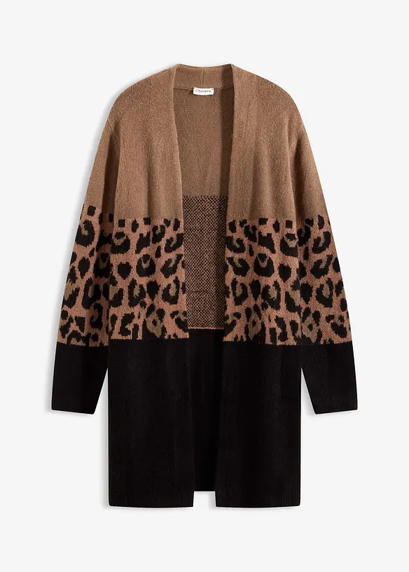 Longstrickjacke mit Jacquardmuster in braun von vorne - bonprix