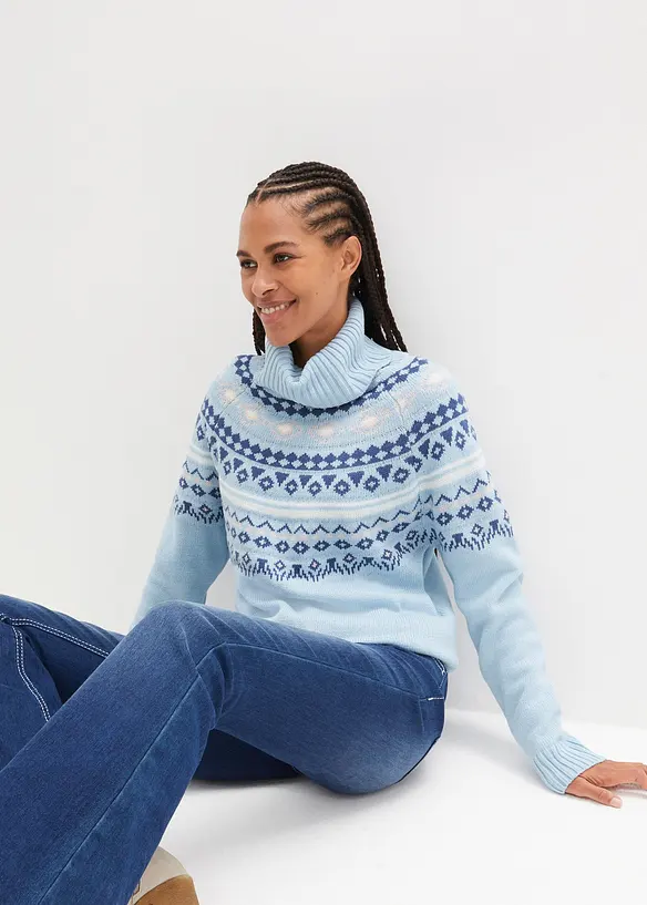 Norweger-Rollkragenpullover in blau von vorne (im Anschnitt) - bonprix