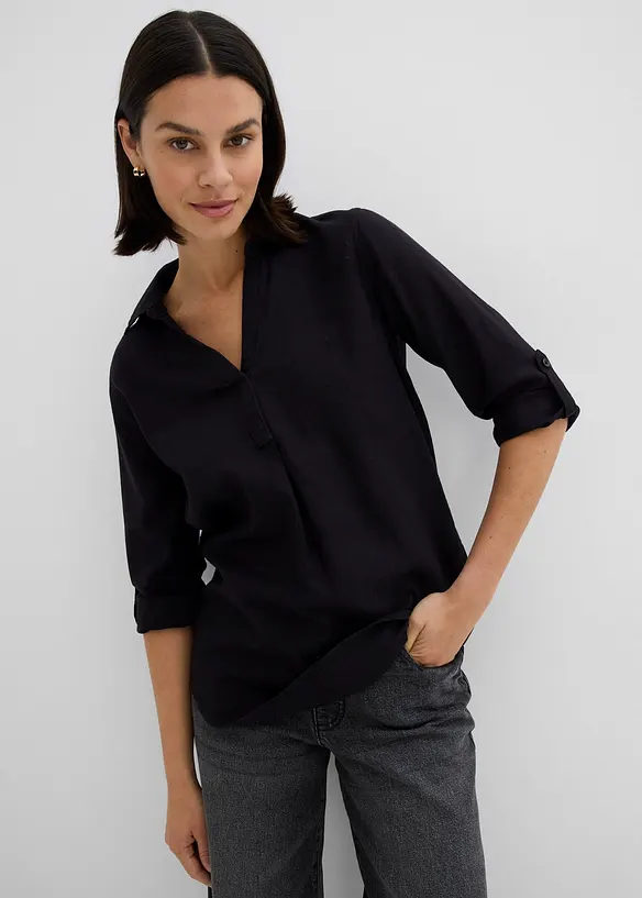 Leinen-Bluse, 3/4-Arm in schwarz von vorne (im Anschnitt) - bonprix Leinen-Bluse, 3/4-Arm in schwarz von vorne (im Anschnitt) - bonprix