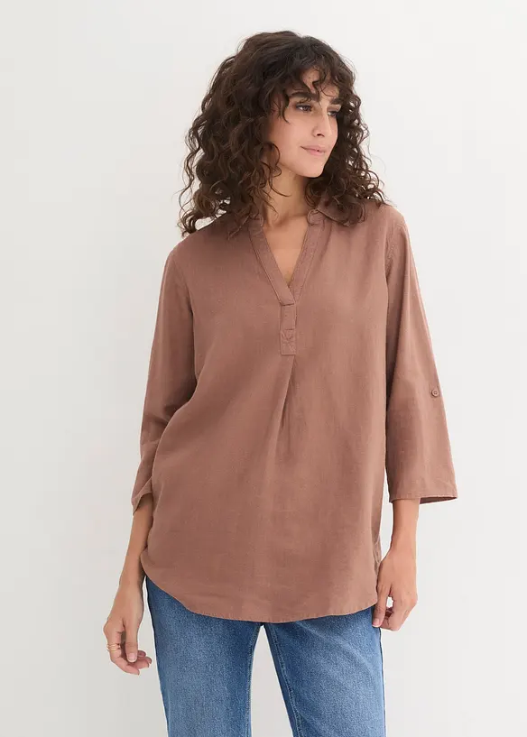 Leinen-Bluse, 3/4-Arm in braun von vorne (im Anschnitt) - bonprix Leinen-Bluse, 3/4-Arm in braun von vorne (im Anschnitt) - bonprix