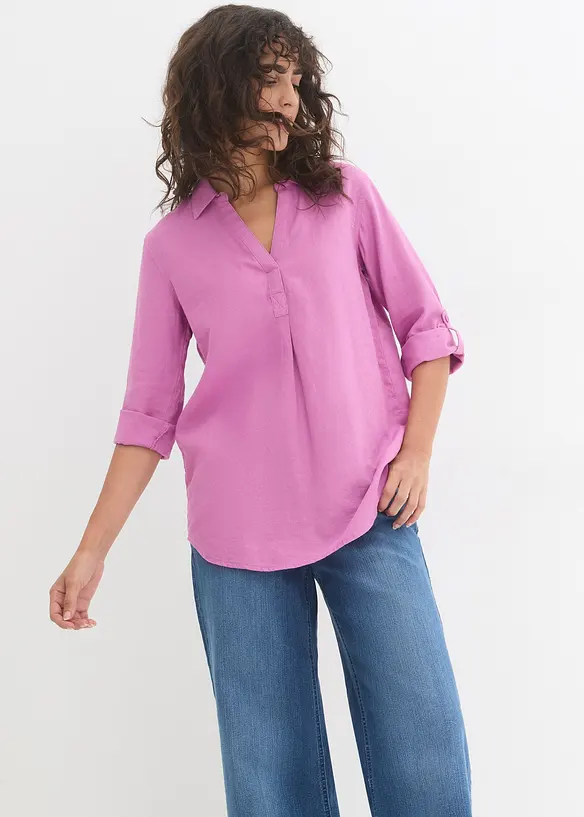 Leinen-Bluse, 3/4-Arm in pink von vorne (im Anschnitt) - bonprix Leinen-Bluse, 3/4-Arm in pink von vorne (im Anschnitt) - bonprix