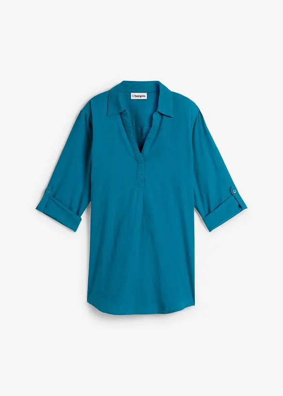 Leinen-Bluse, 3/4-Arm in petrol von vorne - bonprix