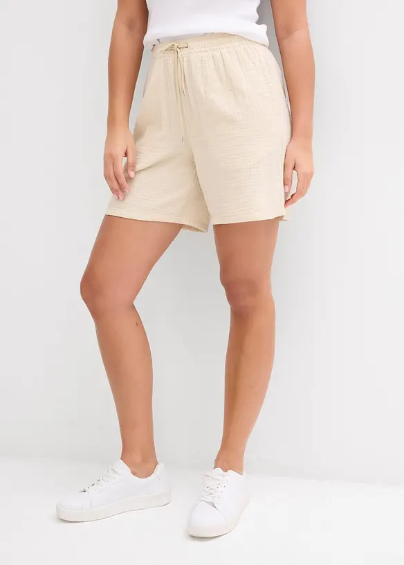 Musselin-Shorts aus reiner Baumwolle in beige von vorne - bonprix Musselin-Shorts aus reiner Baumwolle in beige von vorne - bonprix